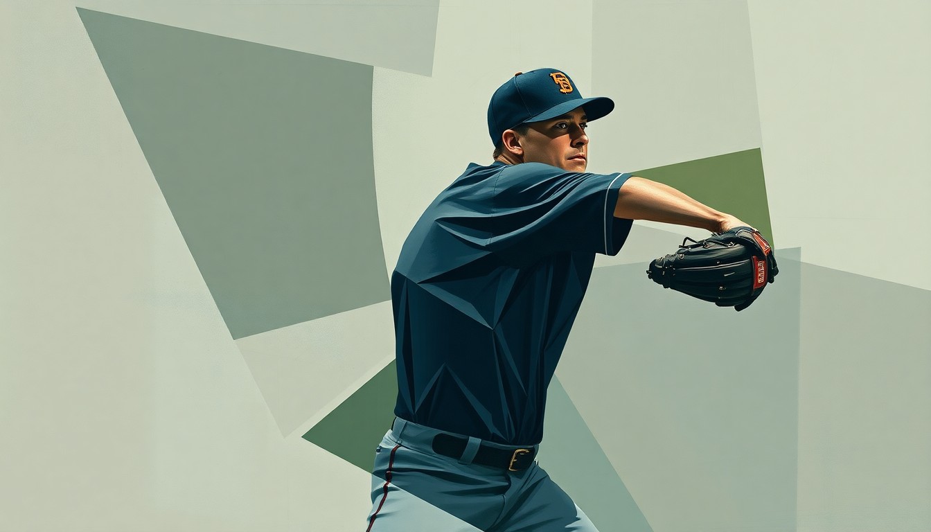 A cubist, geometric illustration depicting a baseball pitcher's motion broken down into overlapping planes of navy, slate gray, and olive green, conveying the complexities and questions surrounding the Mets' roster decisions.