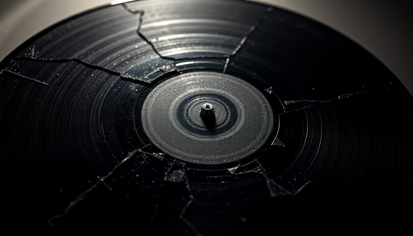 An extreme close-up photograph of a shattered vinyl record in dramatic, high-contrast studio lighting, focusing on the intricate, glittering textures of the cracked surface to conceptually represent the raw, bluesy rock sound of Jack White's new music.