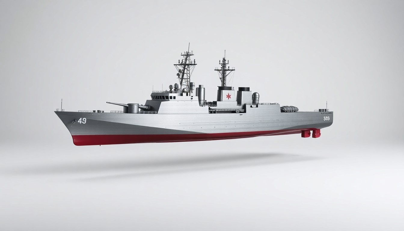 A photorealistic studio still-life photograph of a polished, metallic model of the future USS Sam Nunn (DDG 133) destroyer floating on a clean, monochromatic background, symbolizing the ship's advanced capabilities and its role in national defense.