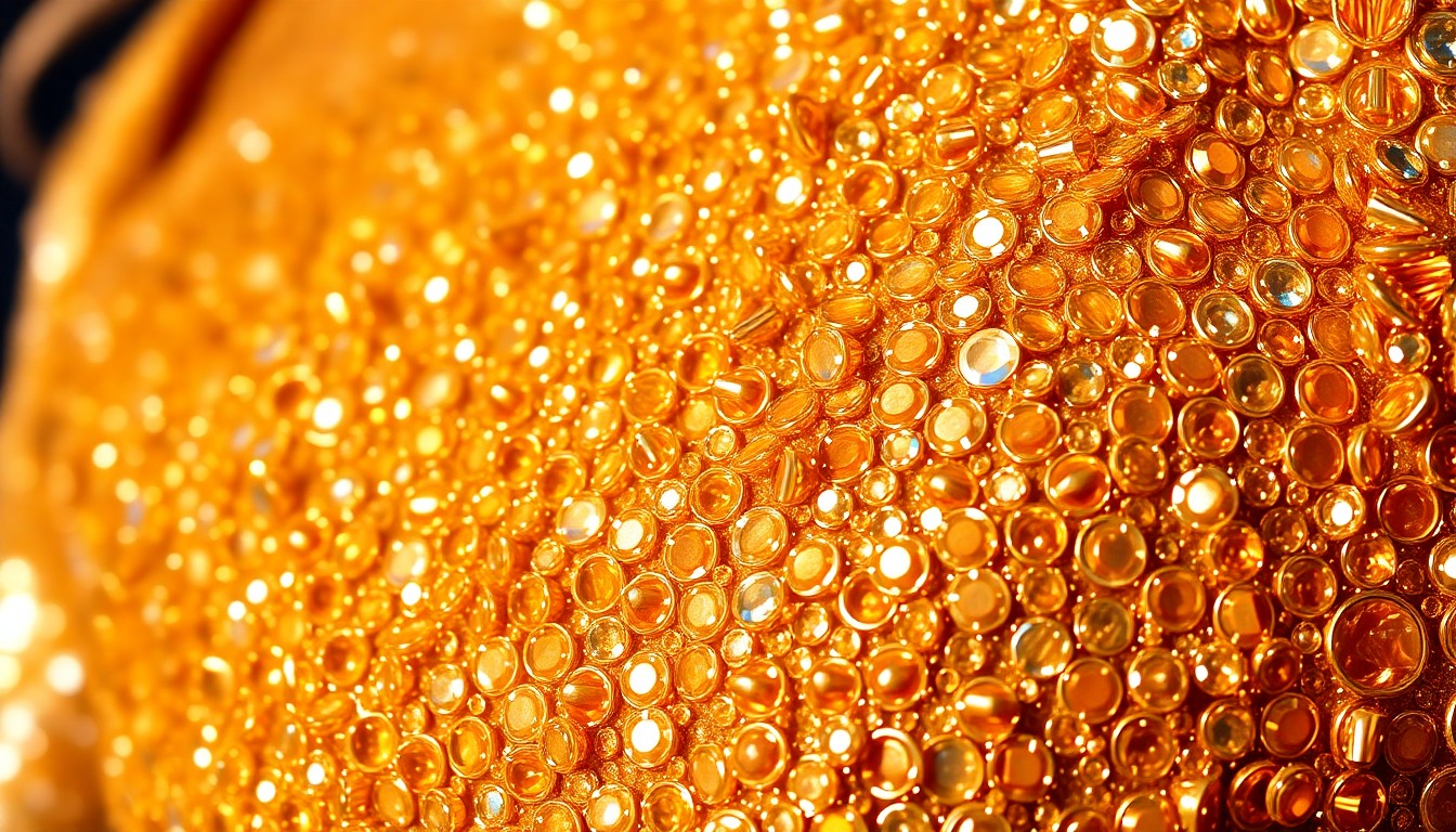 An extreme close-up photograph of shimmering gold sequins and sparkling rhinestones, capturing the high-energy glamour and vibrant stage presence of a pop music performance.