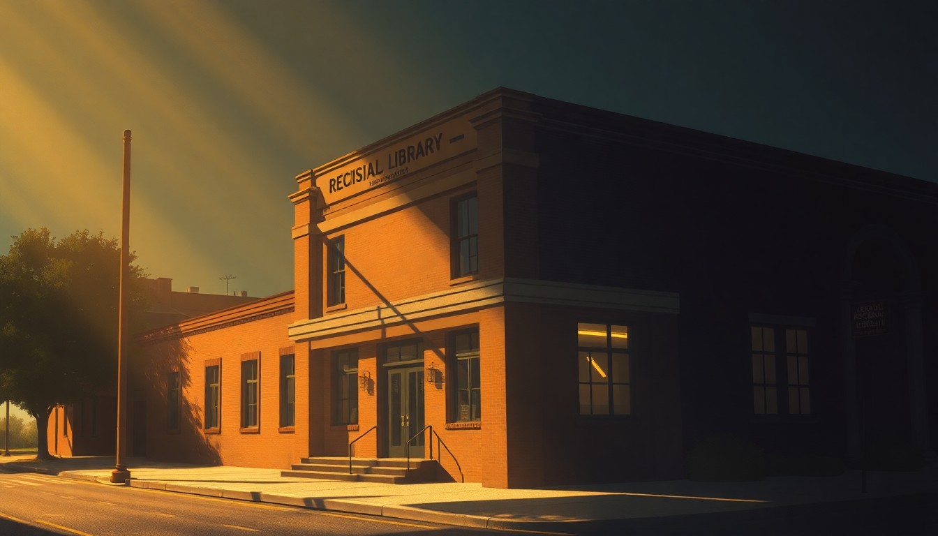 A photorealistic painting of an old, two-story brick library building with large windows, set against a backdrop of trees and a cloudy sky. The building is bathed in warm, golden light, creating deep shadows and a sense of quiet contemplation.