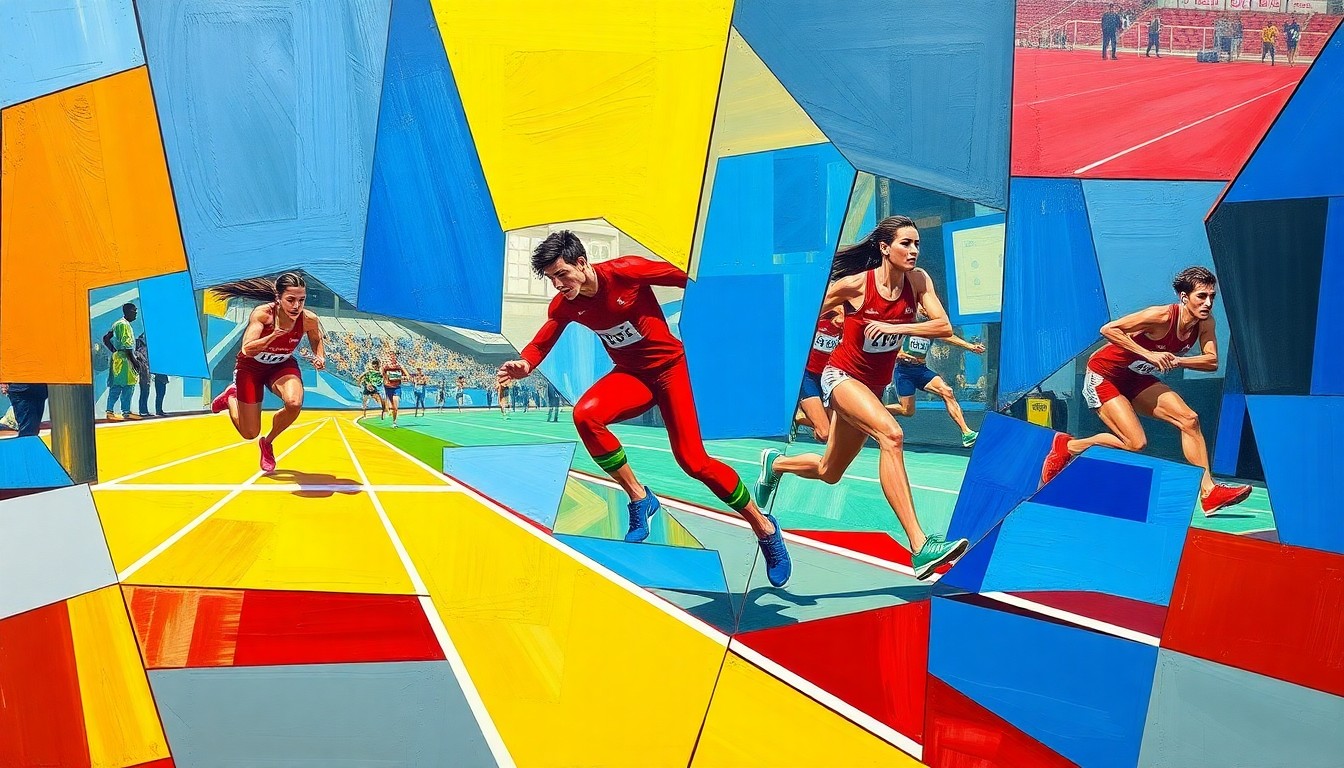 A cubist, geometric painting depicting various track and field events and athletes in a fragmented, multi-perspective style, using vibrant colors to capture the energy and dynamism of the competition.