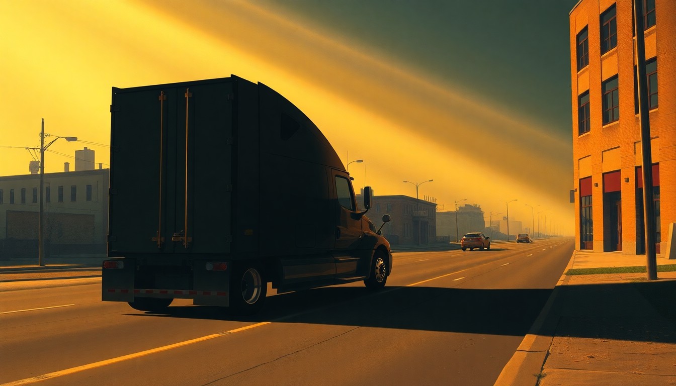 A serene, photorealistic painting of a semi-truck parked on a dimly lit urban street, the vehicle's silhouette casting long shadows across the pavement as warm sunlight streams in from the side, creating a contemplative, cinematic mood.