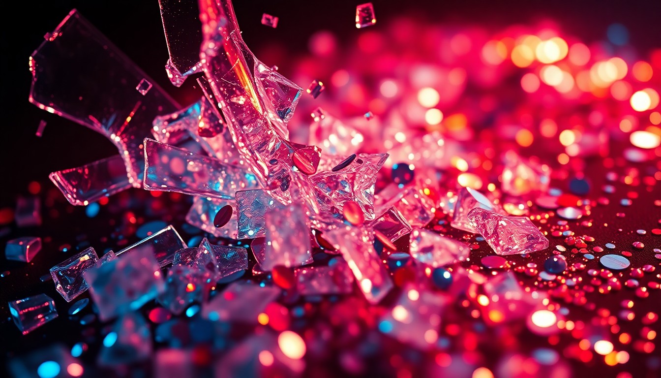 An abstract close-up photograph featuring shattered glass and glittering sequins in dramatic, high-contrast studio lighting, conceptually representing the glamour and scandal of the 'Summer House' cast's personal lives.