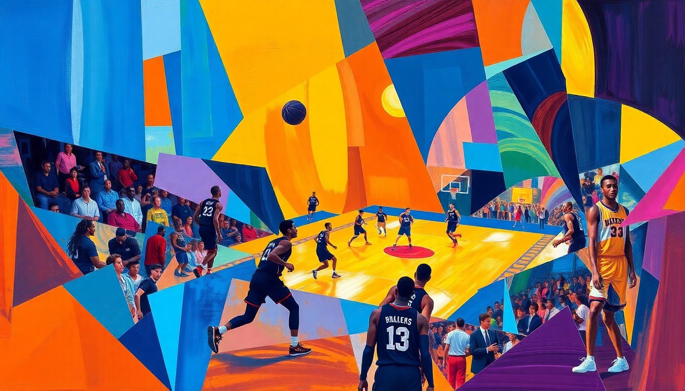 A cubist-style painting depicting the action of a college basketball game, with players' bodies and the ball fragmented into sharp, overlapping geometric shapes in a vibrant color palette, conveying the size, length, and athleticism of the Final Four teams.