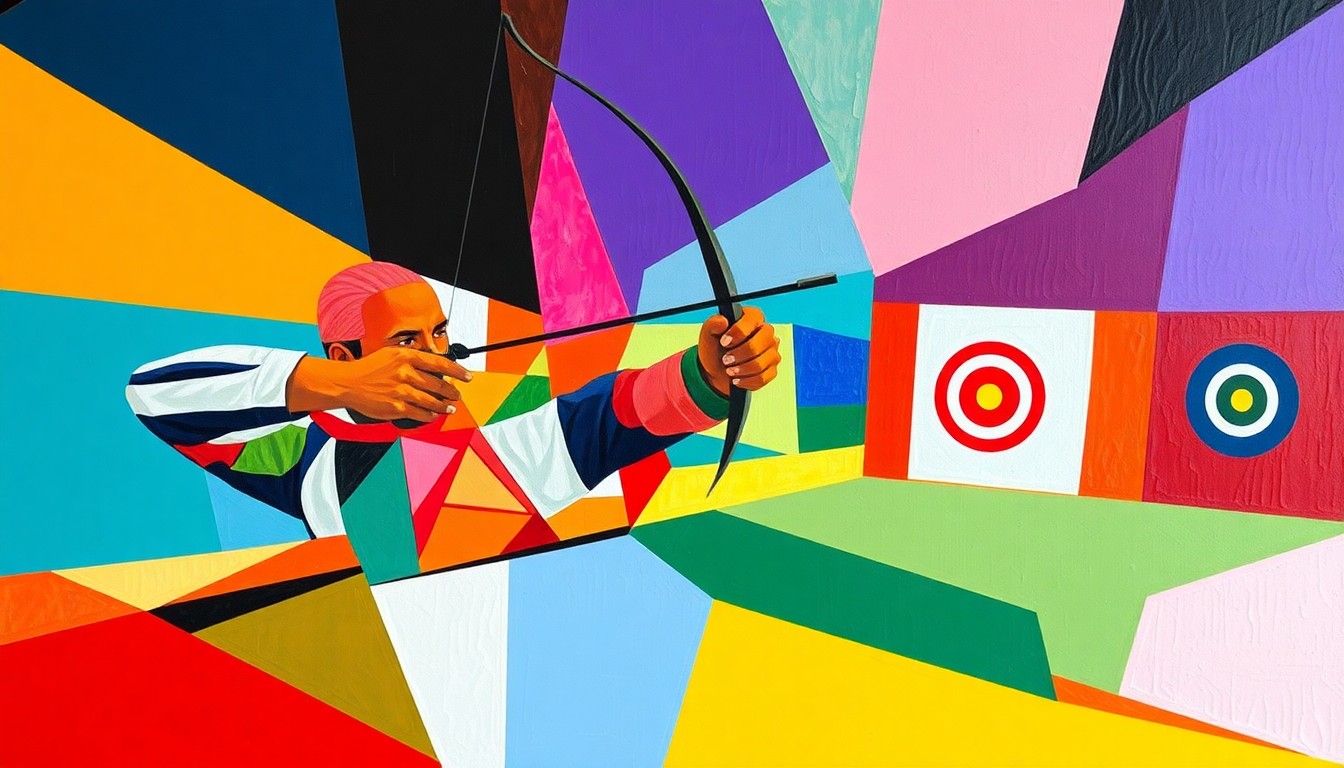A fragmented, geometric painting depicting the motion and energy of an archery competition, with the archer's form broken down into abstract shapes and planes of vibrant color.