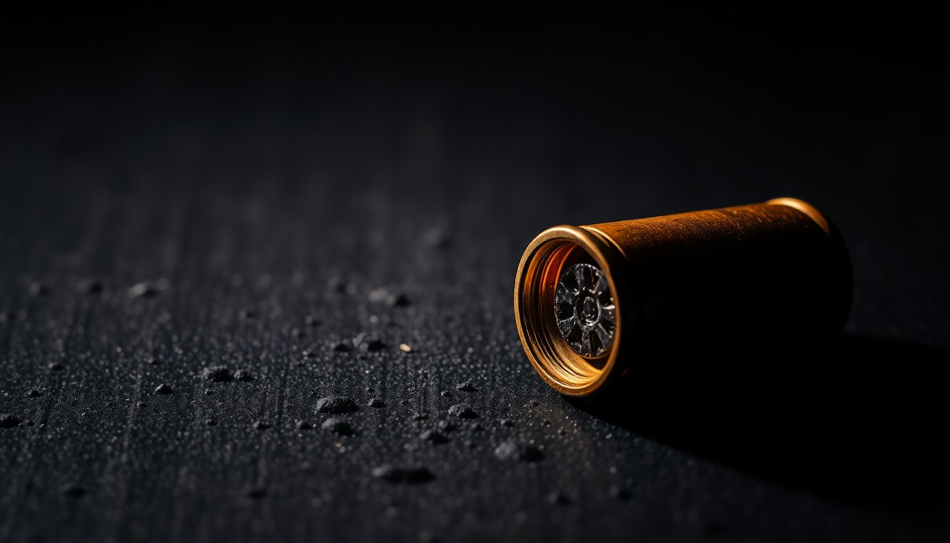 An extreme close-up photograph of a spent shell casing on a dark, textured surface, lit by a harsh, direct camera flash, conceptually illustrating the aftermath of a shooting incident.