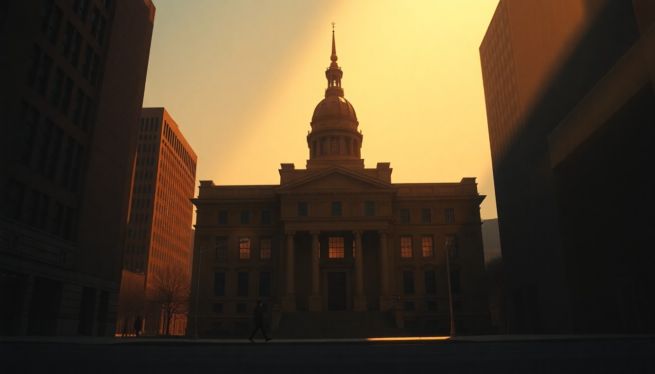 A photorealistic oil painting depicting the grand facade of Chicago City Hall, with the building bathed in warm, golden sunlight that casts deep shadows across the ornate stone structure, creating a sense of melancholy and financial uncertainty.