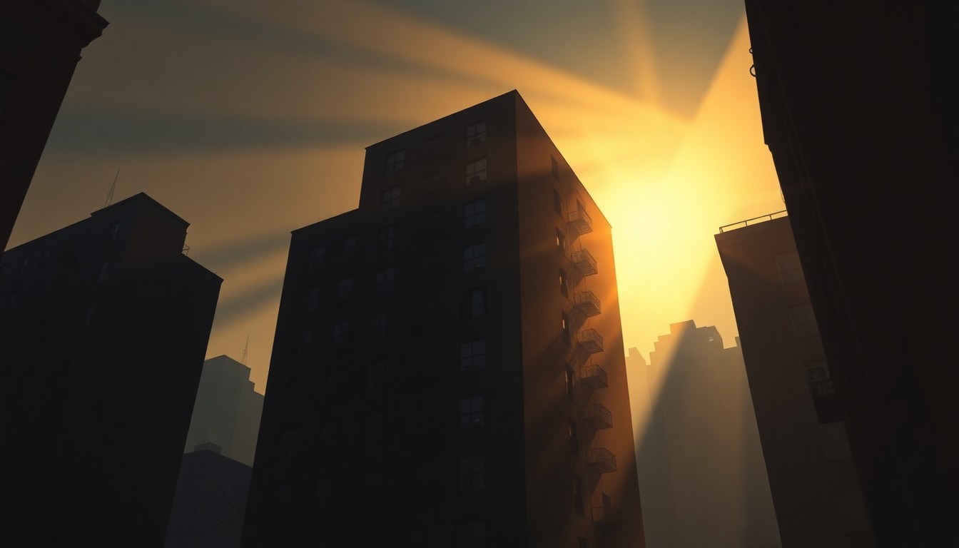 A dimly lit, cinematic painting of a solitary apartment building in New York City, with warm sunlight and deep shadows creating a sense of isolation and the need for housing reform.