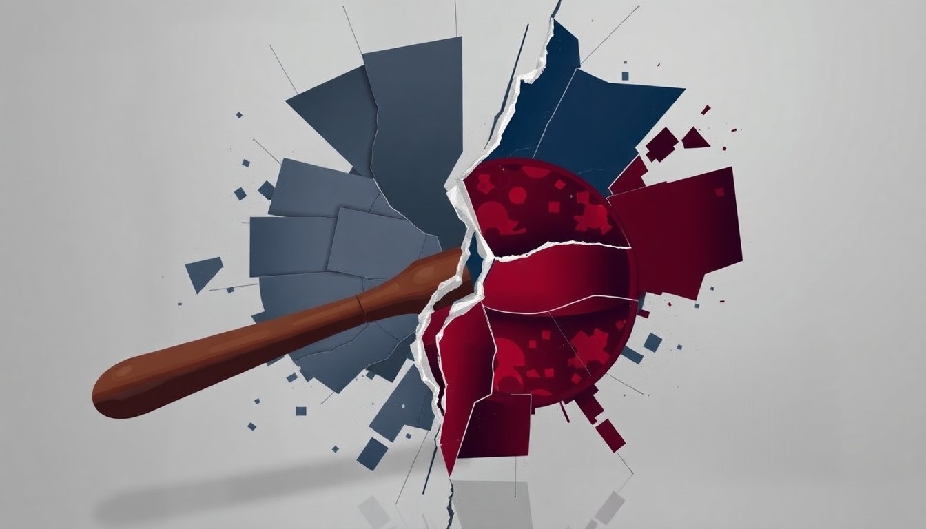 A dynamic, fragmented painting depicting a cracked political symbol in shades of gray, navy, and deep red, conveying the disruptive impact of elite-driven policies driven more by moral posturing than practical problem-solving.