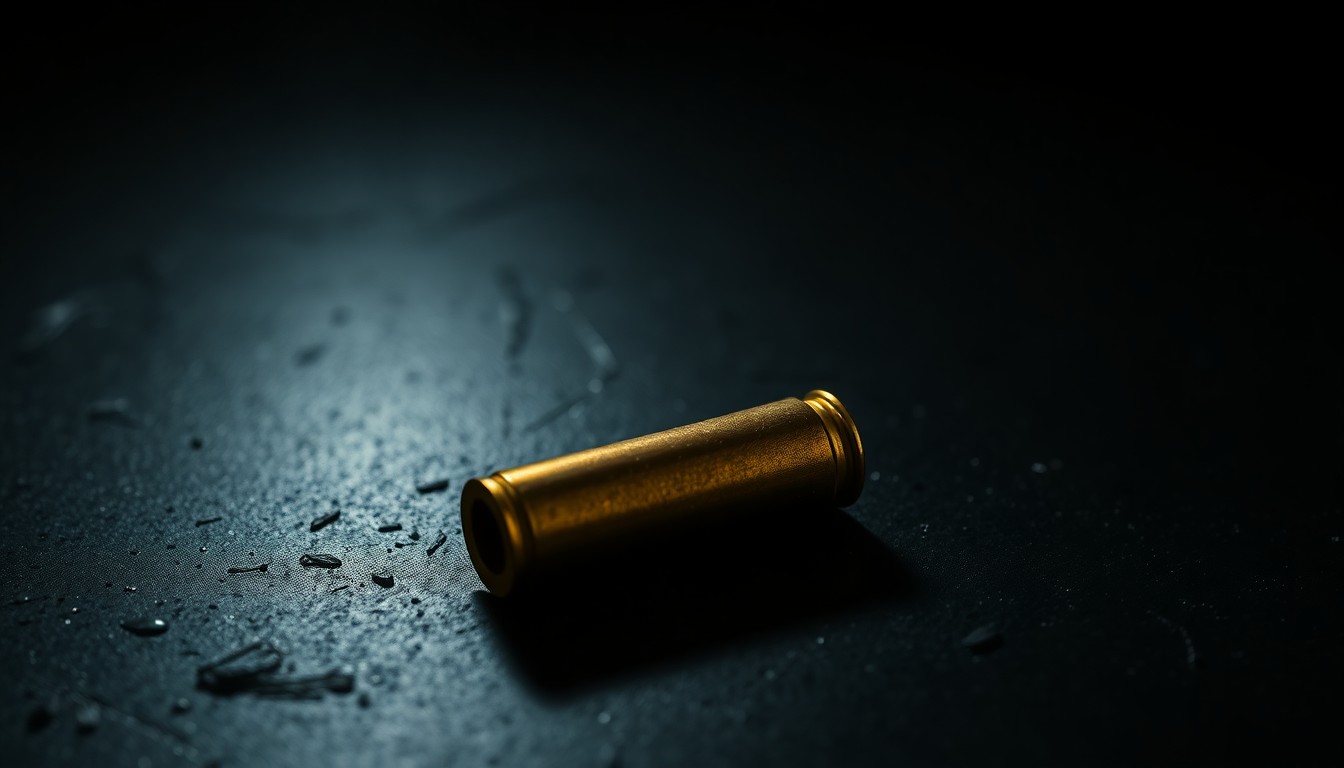 An extreme close-up photograph of a single spent bullet casing on a dark, textured surface, lit by a harsh camera flash, conceptually illustrating the investigation into a reported gunshot incident.