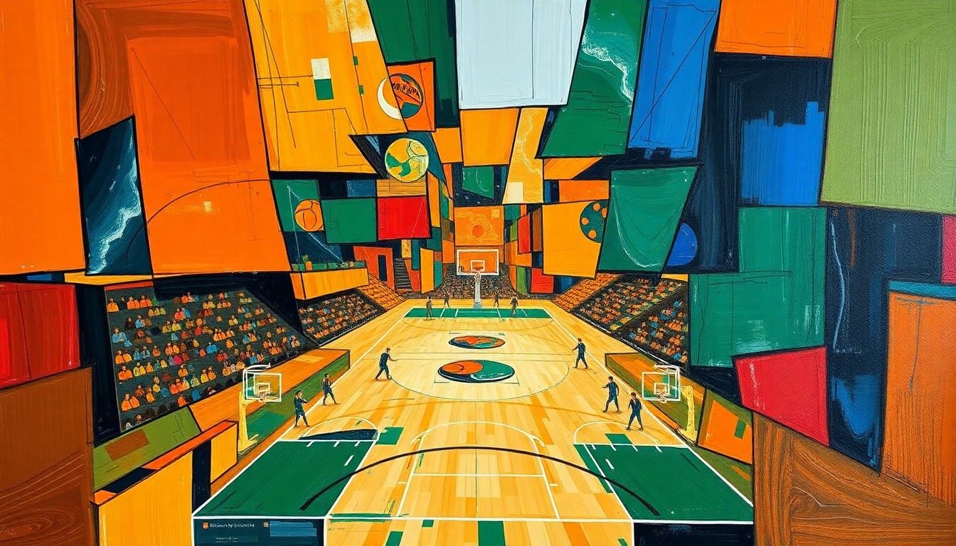 A fractured, cubist-style painting depicting a basketball game or match, with sharp geometric shapes and planes in vibrant colors like orange, blue, and green, conceptually representing the challenges Florida State faces in replacing a key frontcourt player.