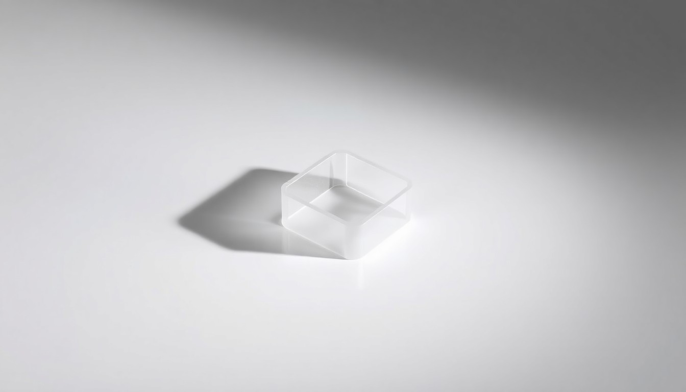 A highly detailed, photorealistic studio photograph of a sleek, geometric plastic part or prototype floating against a clean, monochromatic background, conveying the precision and craftsmanship of Thunderbird Molding's work.