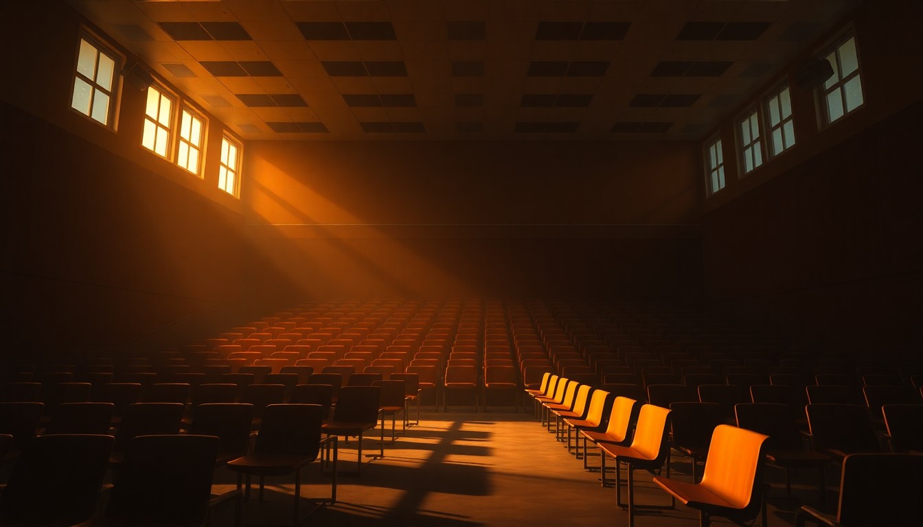 A dimly lit, cinematic painting of an empty high school auditorium, with warm diagonal sunlight streaming through the windows and deep shadows cast across the rows of empty chairs, conceptually representing the serious and thoughtful atmosphere of a town hall meeting.