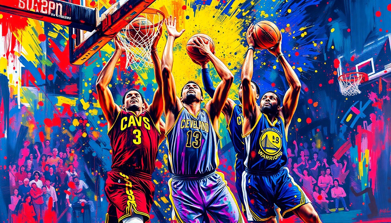 An abstract, expressionist painting in neon colors depicting the frenetic action of an NBA basketball game, with players' bodies and movements blending into vibrant brushstrokes and splashes of paint.