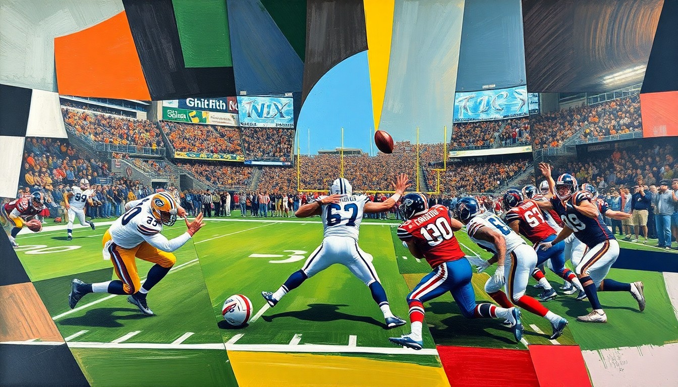 A fragmented, geometric painting depicting the abstract movements and energy of a football game, with sharp planes of color and form representing the strategic complexities of quarterback play.