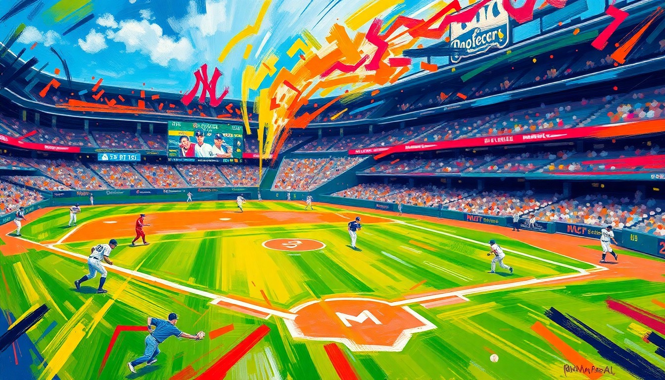 An abstract, energetic painting featuring bold brushstrokes in neon shades of blue, red, and yellow, capturing the dynamic action and intensity of a baseball game.