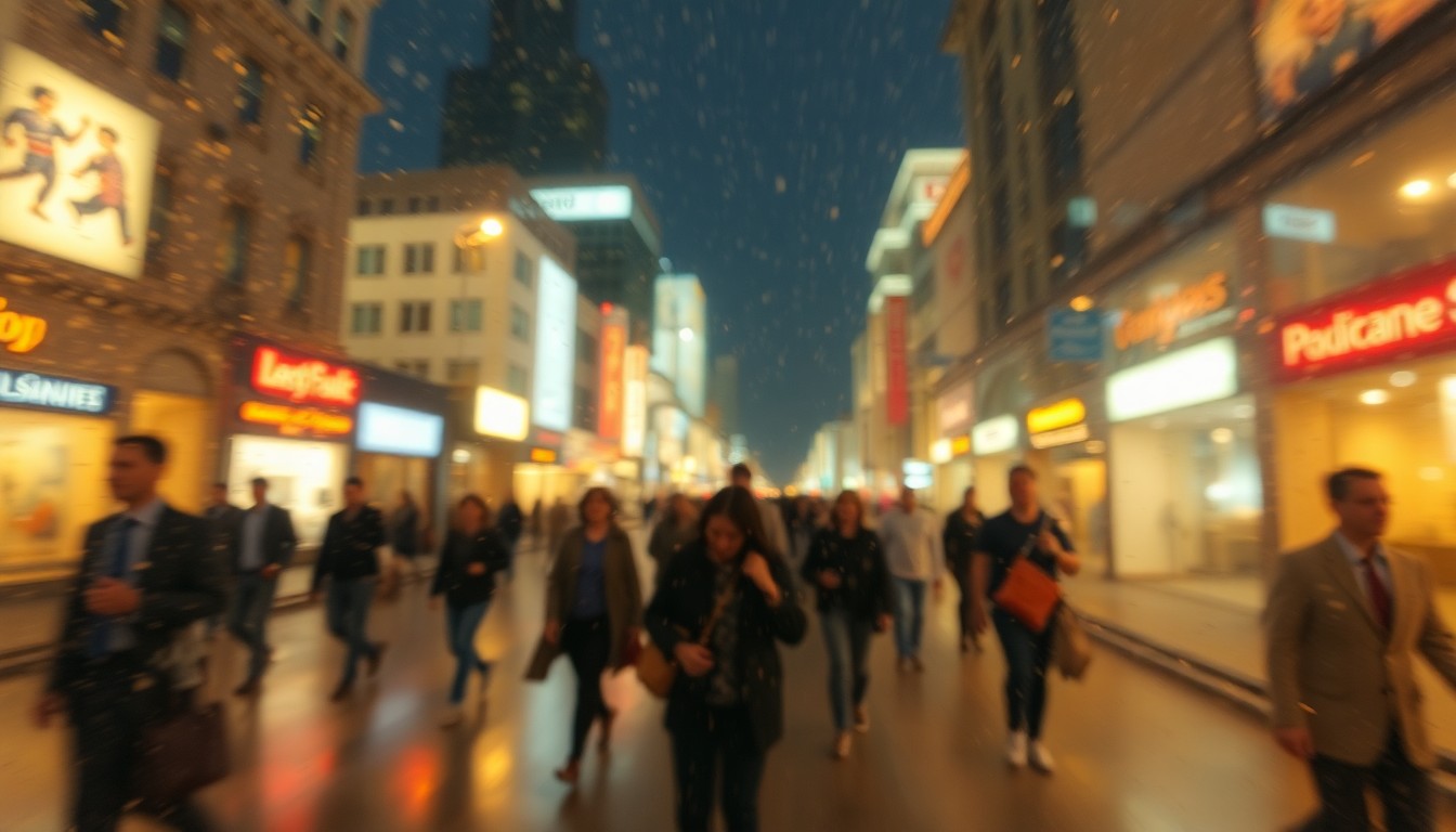 An abstract, impressionistic scene of blurred figures moving through a downtown area, captured through a rain-streaked lens and rendered in soft, warm tones.