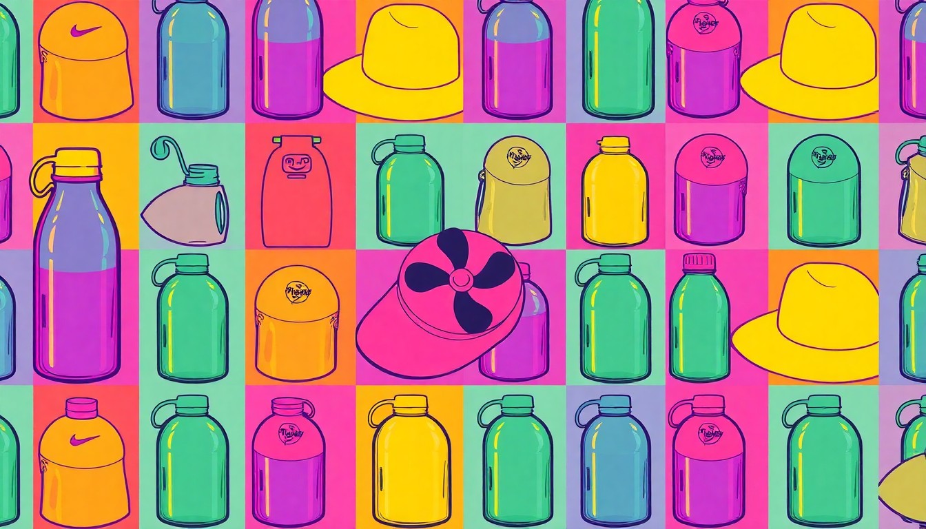 A high-contrast, silkscreen-style grid of a single, iconic theme park item like a water bottle or cooling fan, rendered in a bold, neon color palette with heavy black outlines, conceptually representing the need for essential cooling gear at Florida theme parks.