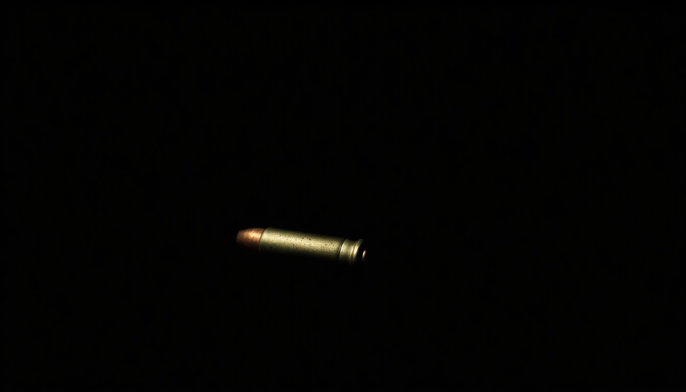 An extreme close-up photograph of a spent bullet casing against a pitch-black background, conceptually representing the violent crime and the investigation into the witness's murder.