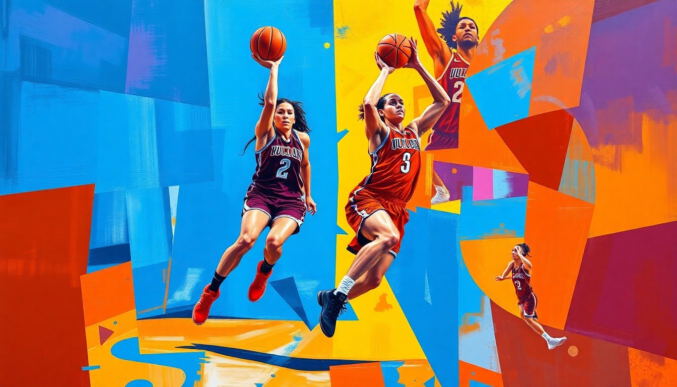 A fragmented, cubist-style painting depicting the dynamic movements and plays of basketball player Breanna Stewart, with sharp geometric shapes and vibrant colors capturing the energy and intensity of the sport.