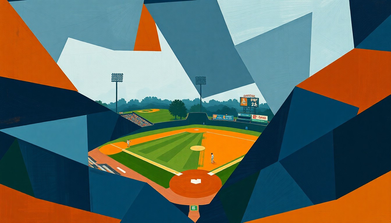 A cubist-style painting featuring sharp, overlapping geometric shapes in muted navy, green, and orange tones, conceptually representing the fragmented and concerning start to the Red Sox's season.