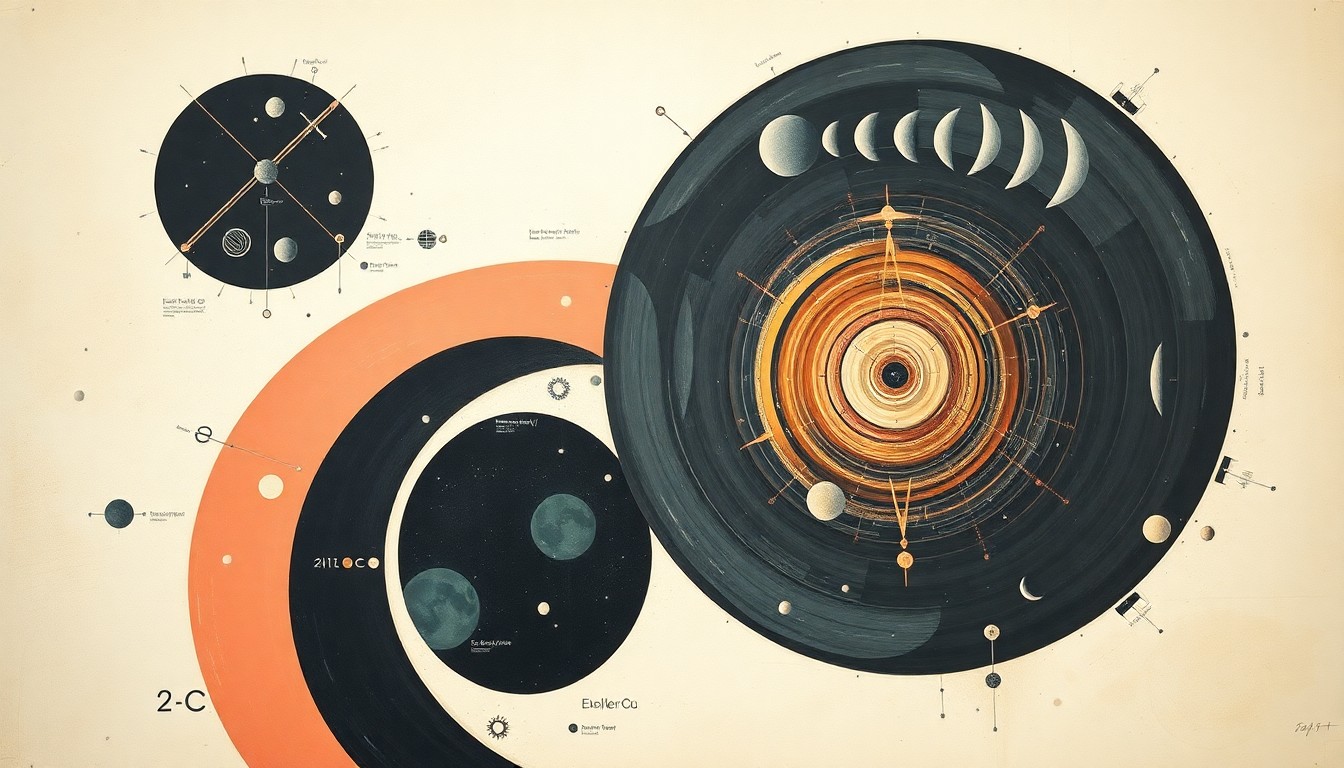 A bold, abstract painting in soft blues, greens, and oranges depicting sweeping geometric arcs, concentric circles, and precise spirals, conceptually representing the complex forces and concepts of the Artemis II mission to the moon.