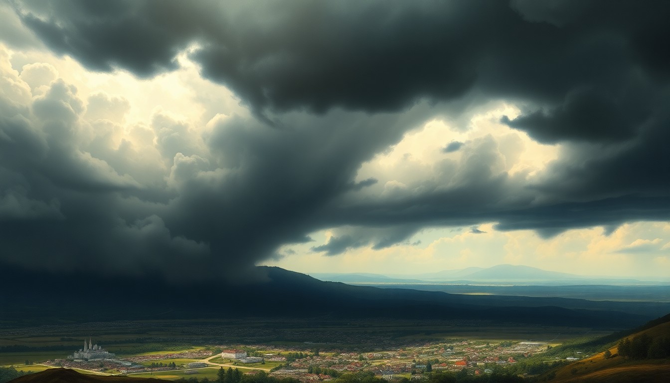A vast, atmospheric landscape painting depicting a massive, swirling storm system looming over a small town, with only the faintest outlines of buildings visible through the dense, dramatic clouds.