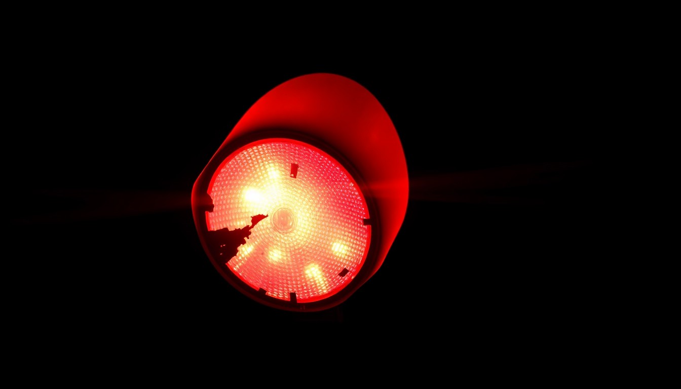 An extreme close-up photograph of a damaged traffic signal light or street sign, lit by a harsh, direct camera flash against a pitch-black background, conceptually illustrating the aftermath of a pedestrian-involved collision in an urban setting.