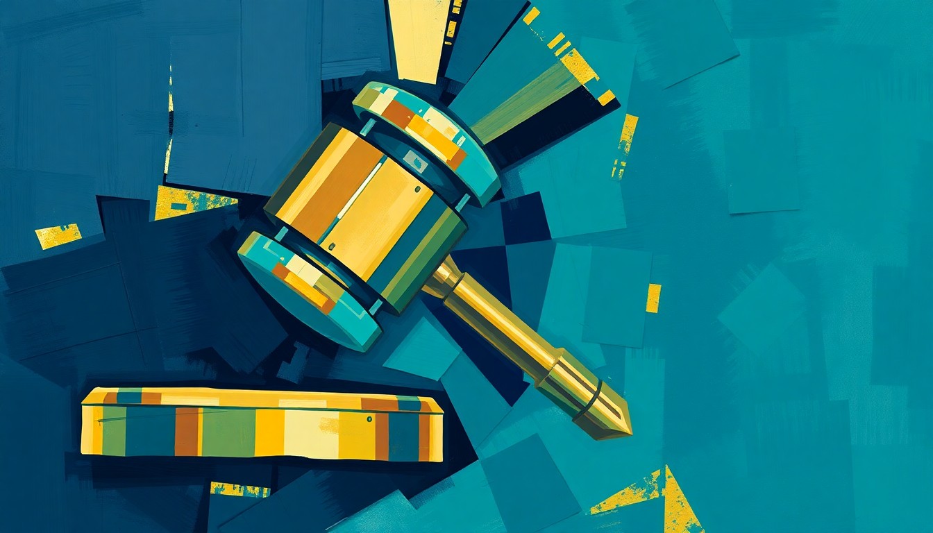 A dynamic, fragmented painting in shades of navy, teal, and gold, depicting a stylized political symbol like a gavel, conveying a sense of tension and motion around the issue of federal agency overreach.