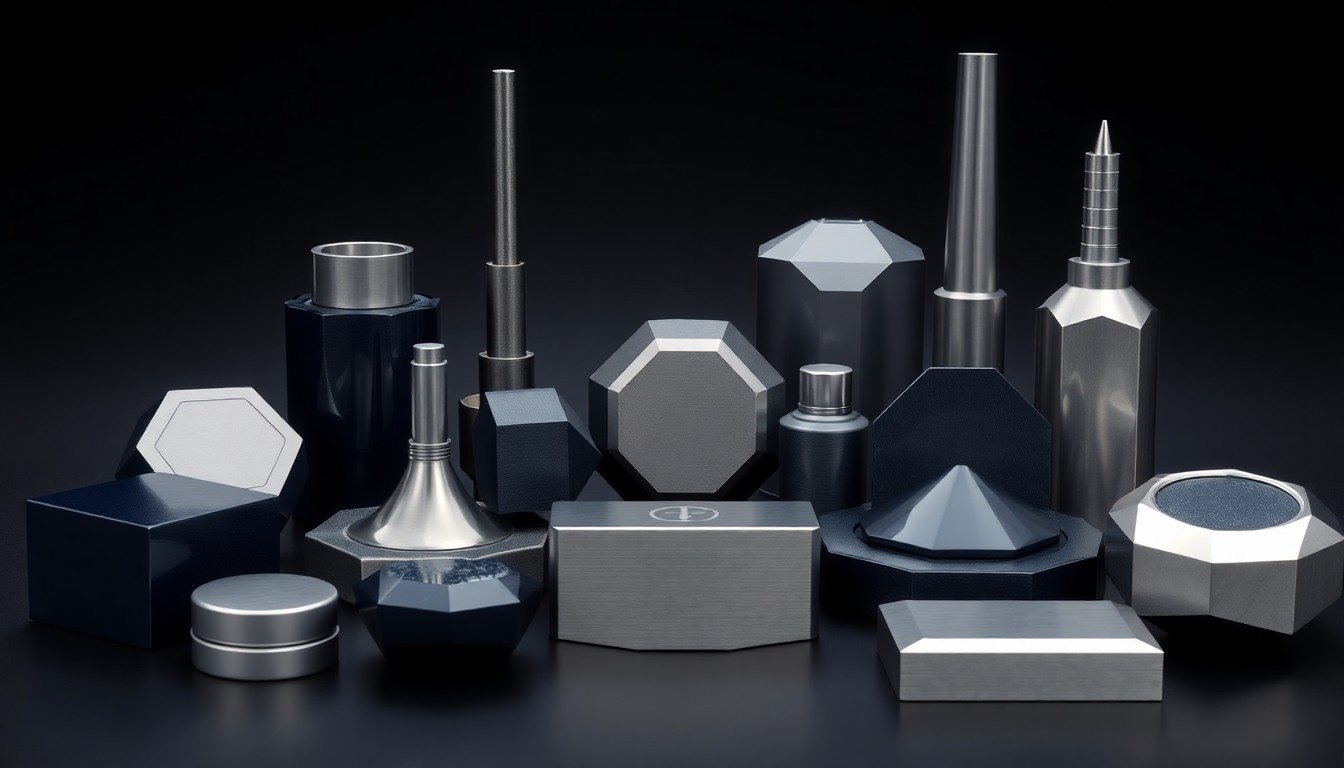 A high-end, photorealistic studio still-life photograph featuring a collection of polished, geometric objects in shades of navy, charcoal, and silver, representing the precision and professionalism of the Defense Logistics Agency's civilian workforce.