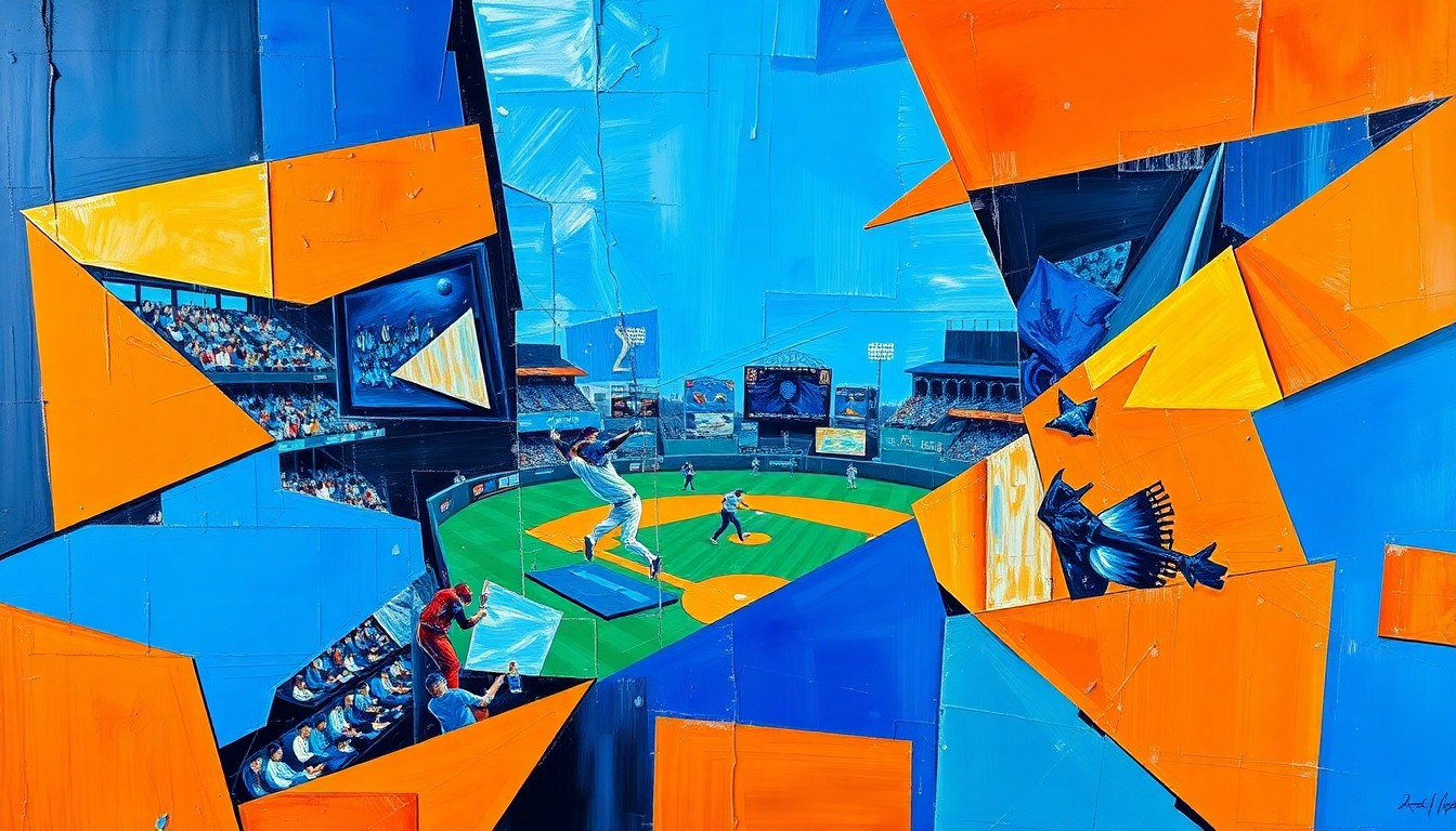 A cubist-style painting featuring fragmented, geometric shapes in vibrant blues, oranges, and silvers, capturing the dynamic energy of a baseball game or player in motion.