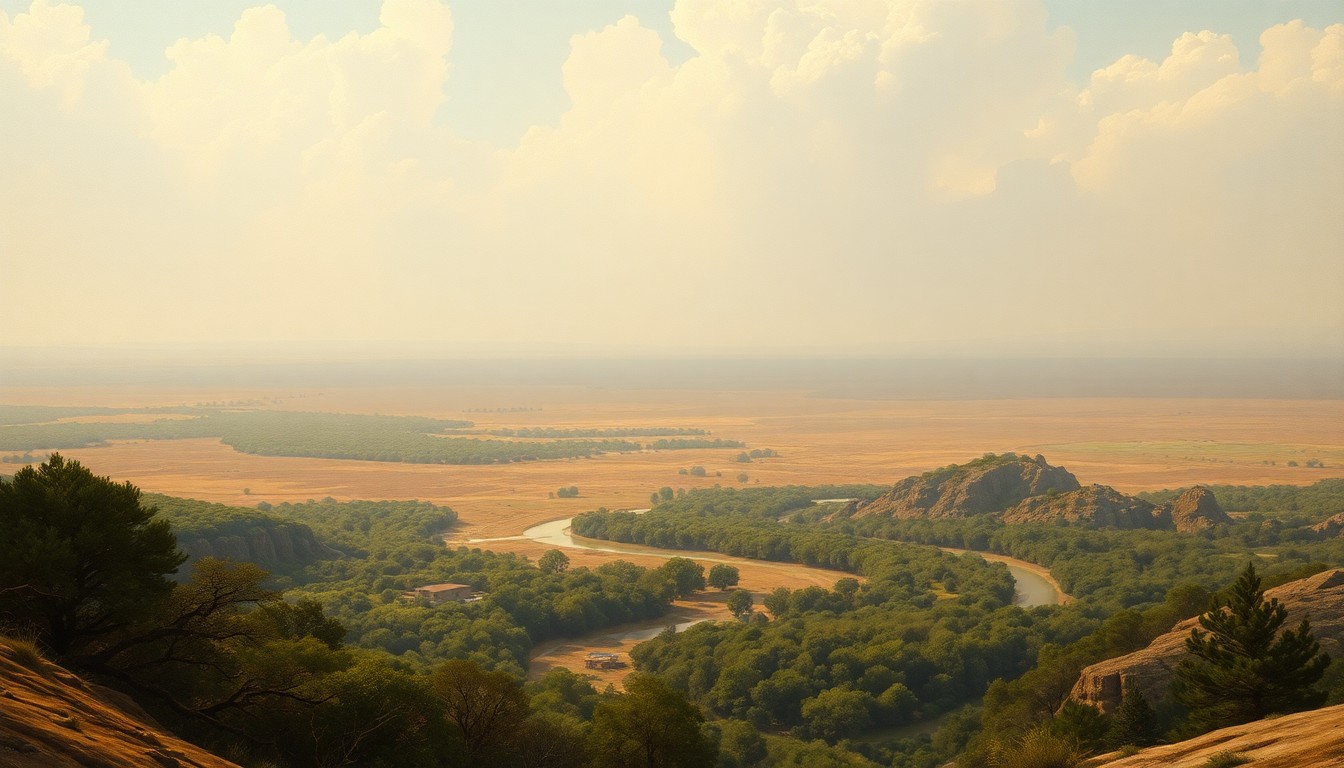 A vast, atmospheric landscape painting depicting Barton Springs and its surrounding greenery dwarfed by an expansive, hazy sky, conveying the overwhelming scale and fragility of the region's water resources during a prolonged drought.