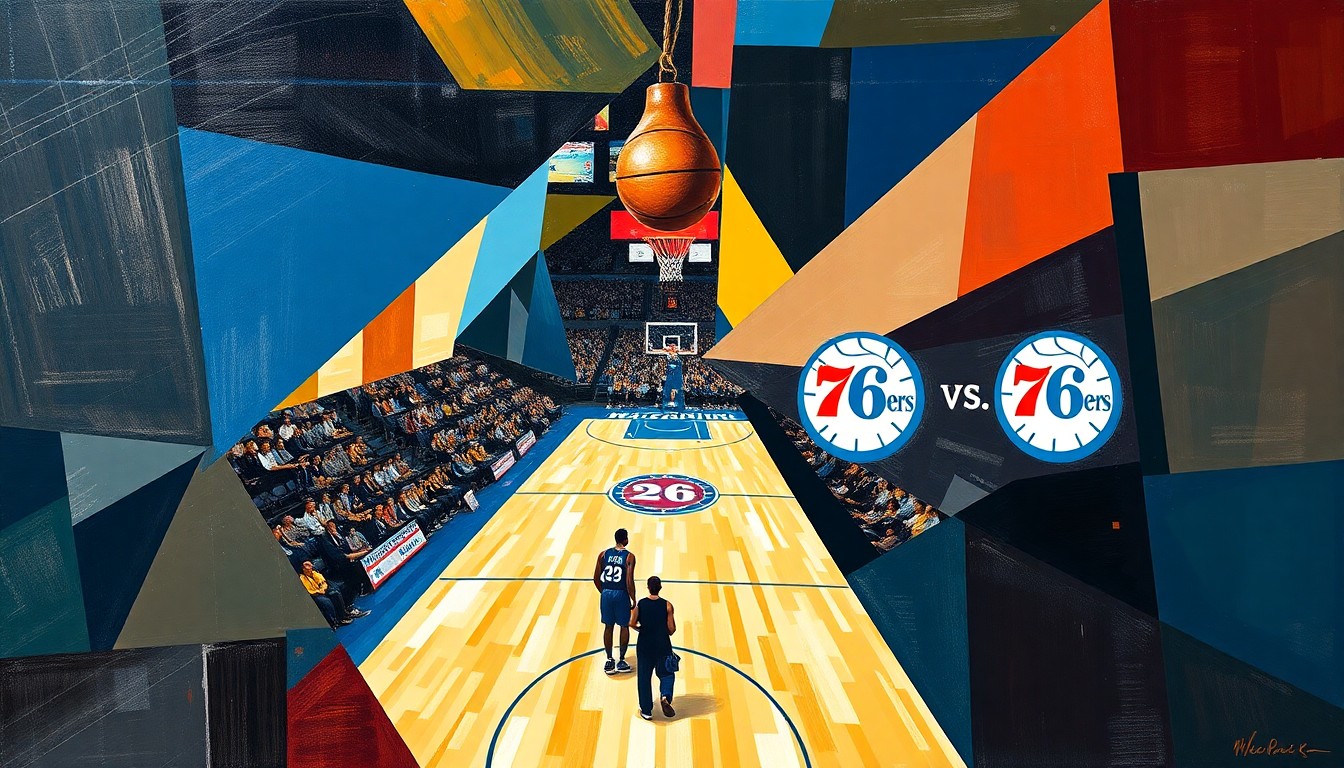 A cubist, geometric painting depicting a basketball game between the Minnesota Timberwolves and Philadelphia 76ers, with the players and court broken down into sharp, overlapping shapes and planes of color.