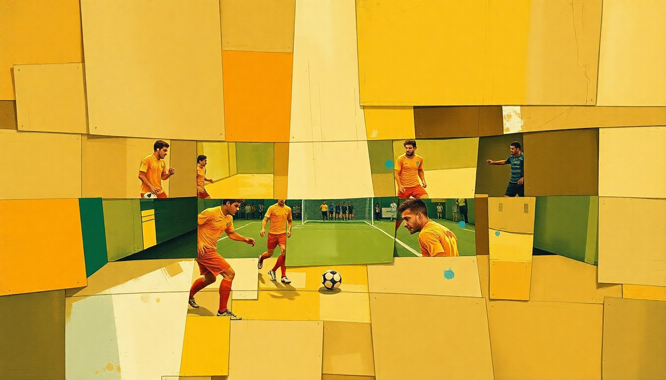 A fragmented, multi-angled painting depicting an Italian national team match or training session, with players and the field of play broken down into sharp, overlapping geometric shapes in muted earth tones and flashes of blue, conveying the structural and cultural issues within Italian football.