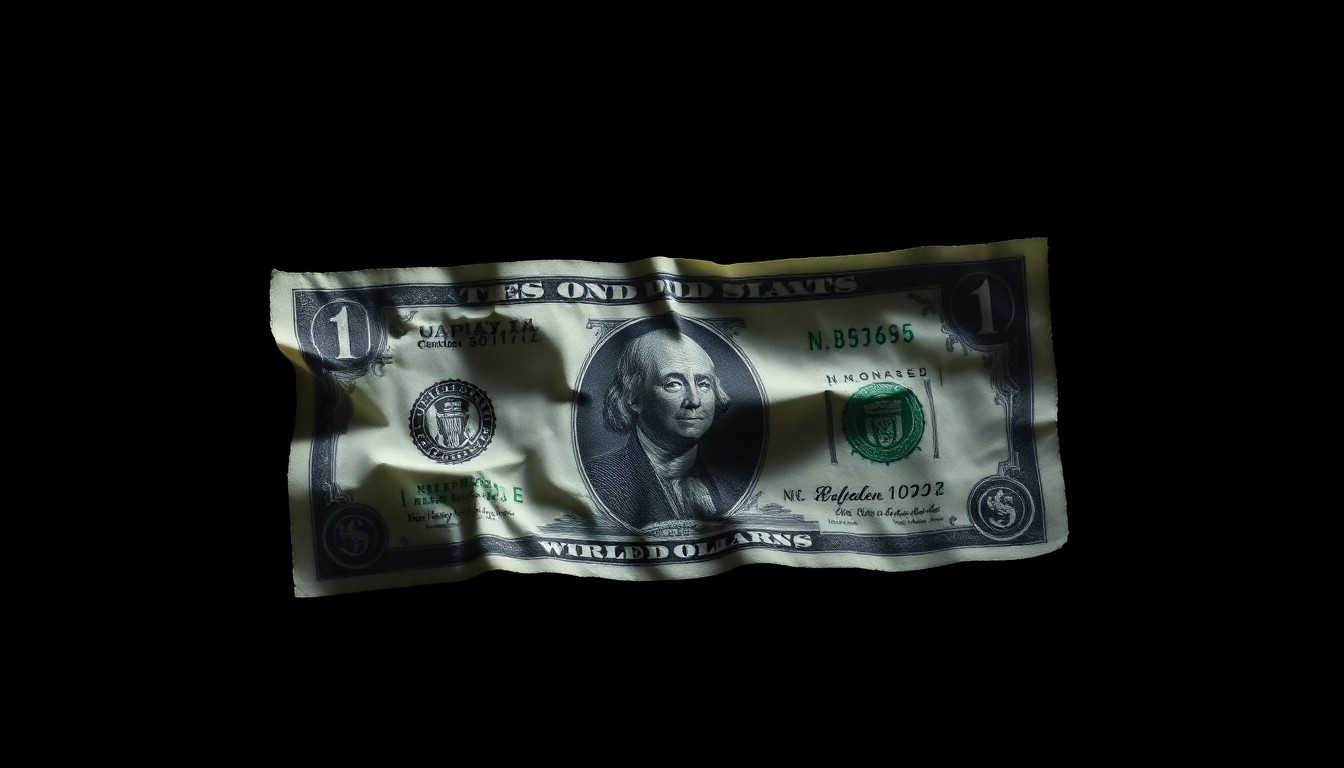 An extreme close-up of a crumpled, torn dollar bill against a pitch-black background, lit by a harsh, direct camera flash, conceptually representing the physical evidence and gritty investigation of an armed robbery.