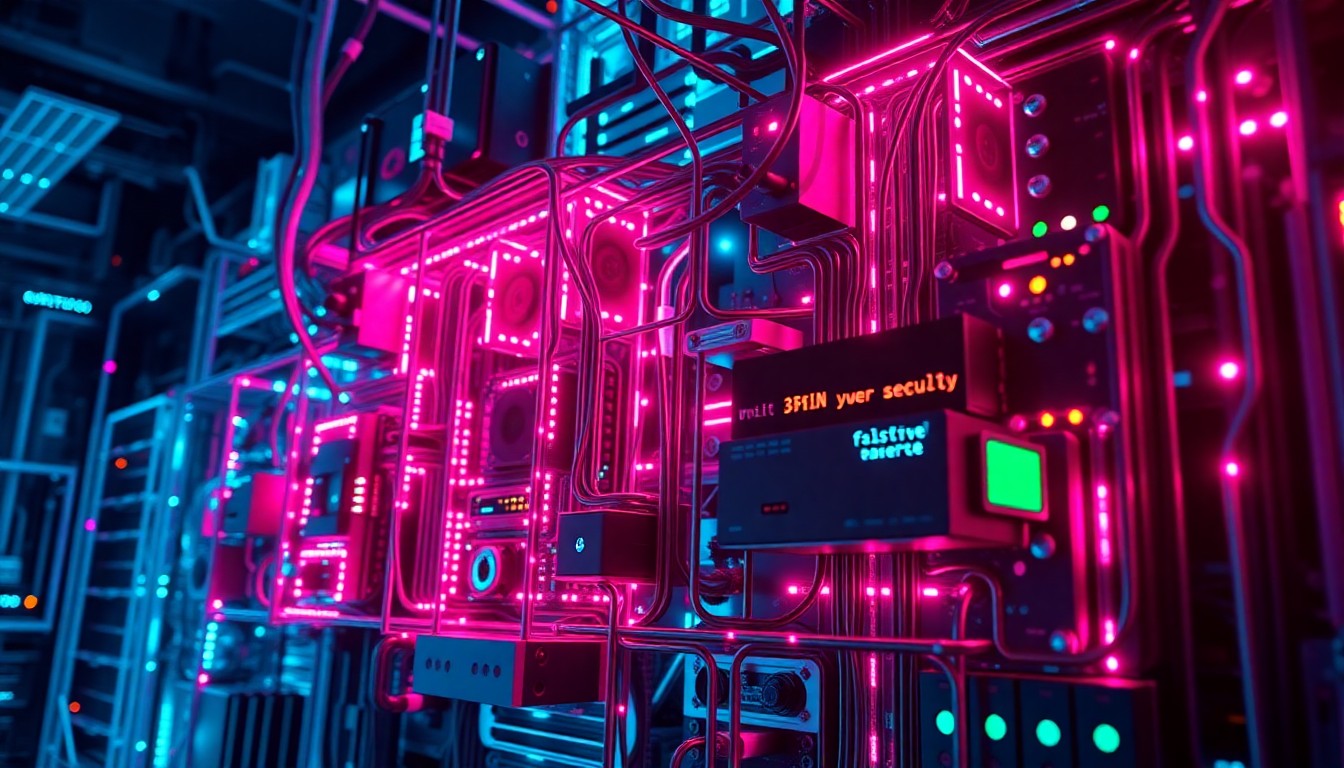 A highly detailed, glowing 3D macro illustration of a complex network of interconnected cybersecurity infrastructure, with pulsing neon cyan and magenta lights illuminating the various hardware components, conceptually representing the robust security measures protecting a development environment.