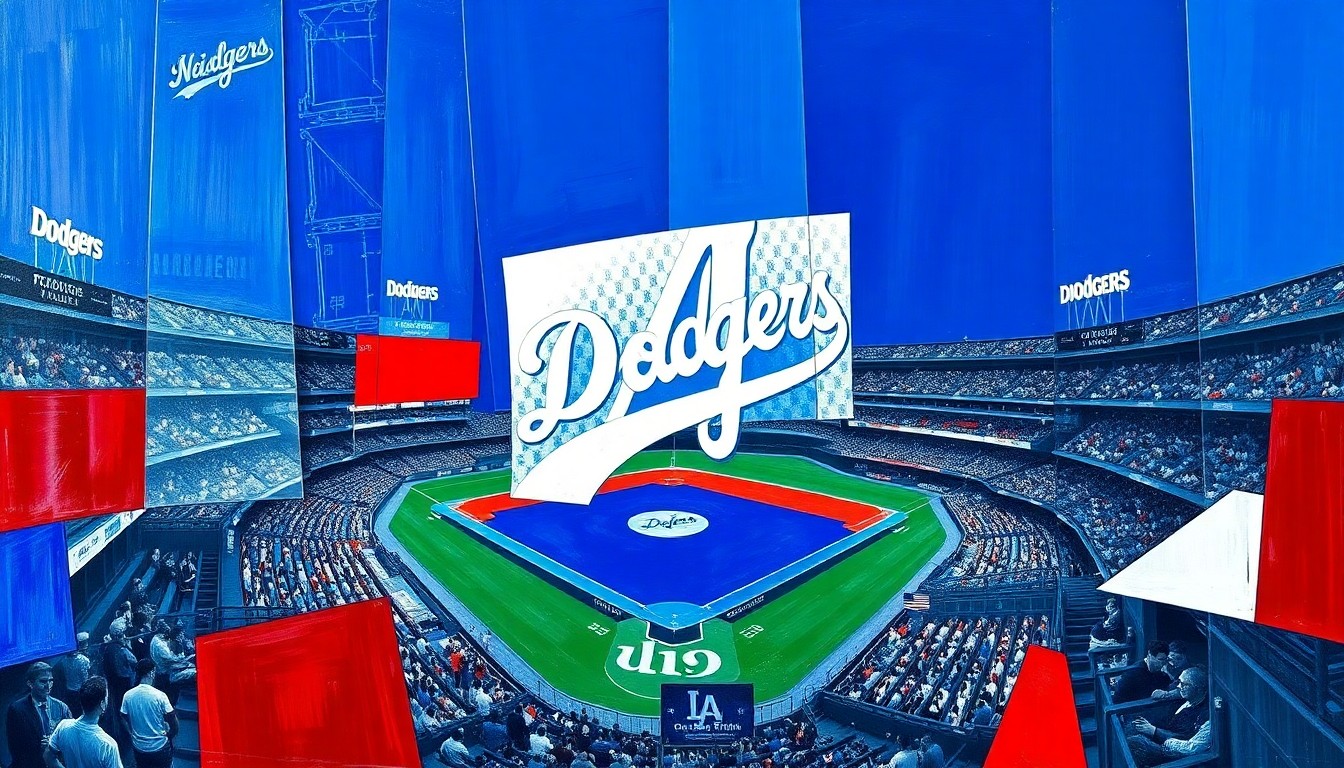 A cubist, geometric painting depicting a Dodgers baseball game, with sharp planes of deep blue, bright white, and rich red overlapping to create a dynamic, fragmented visual representation of the sport.