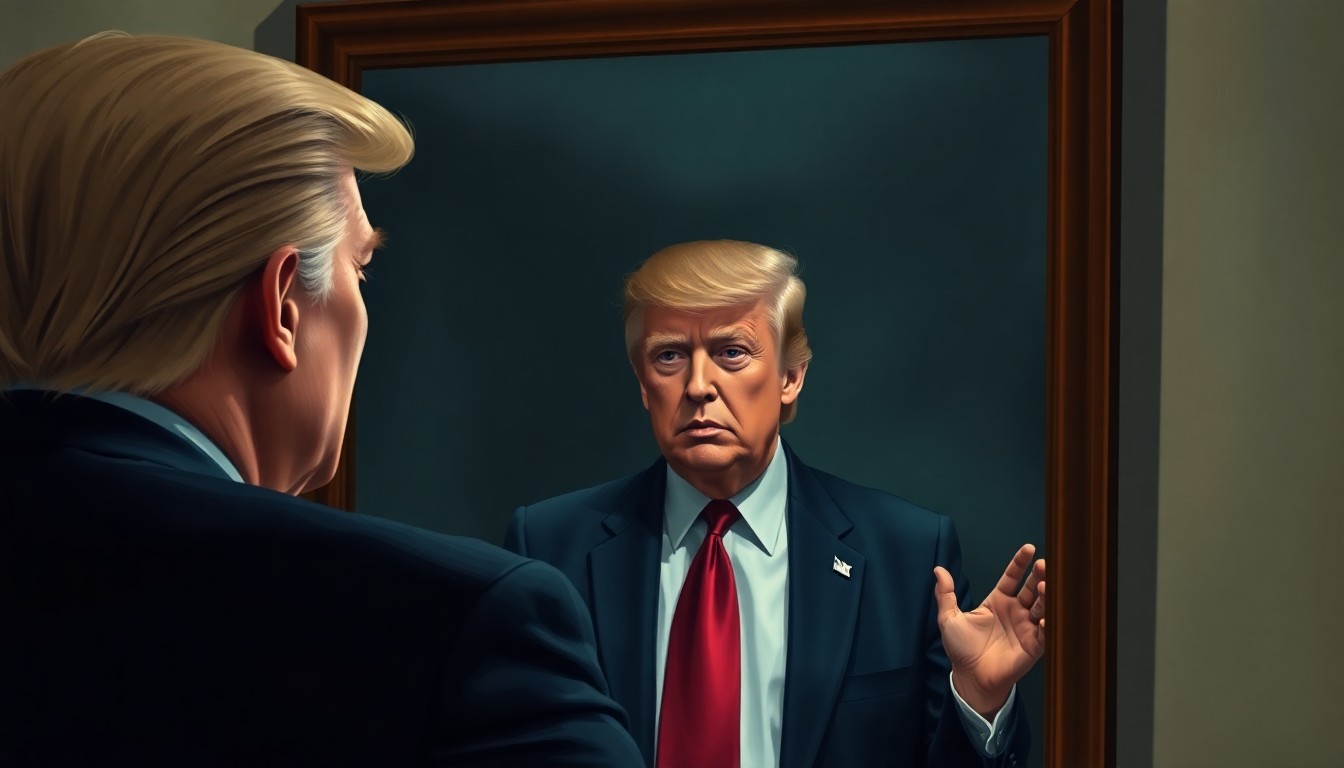 A cinematic painting in the style of Edward Hopper showing Donald Trump standing in front of a mirror, his reflection showing him as the president, symbolizing his use of gaslighting tactics.
