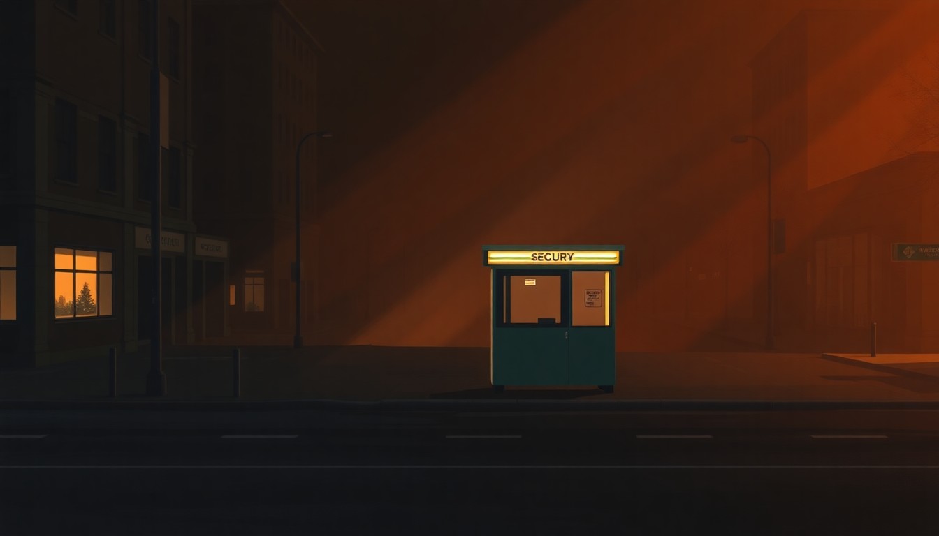 A dimly lit, cinematic painting of a solitary security checkpoint booth on an empty city street, with warm sunlight casting long shadows across the scene, conveying a sense of quiet unease and anticipation.