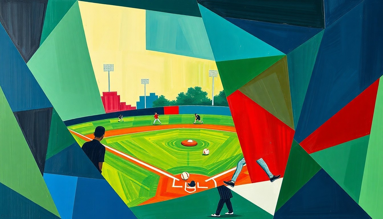 A cubist, fragmented painting depicting a softball game, with sharp, overlapping geometric shapes in navy, green, and red, conveying the intensity and movement of the sport.