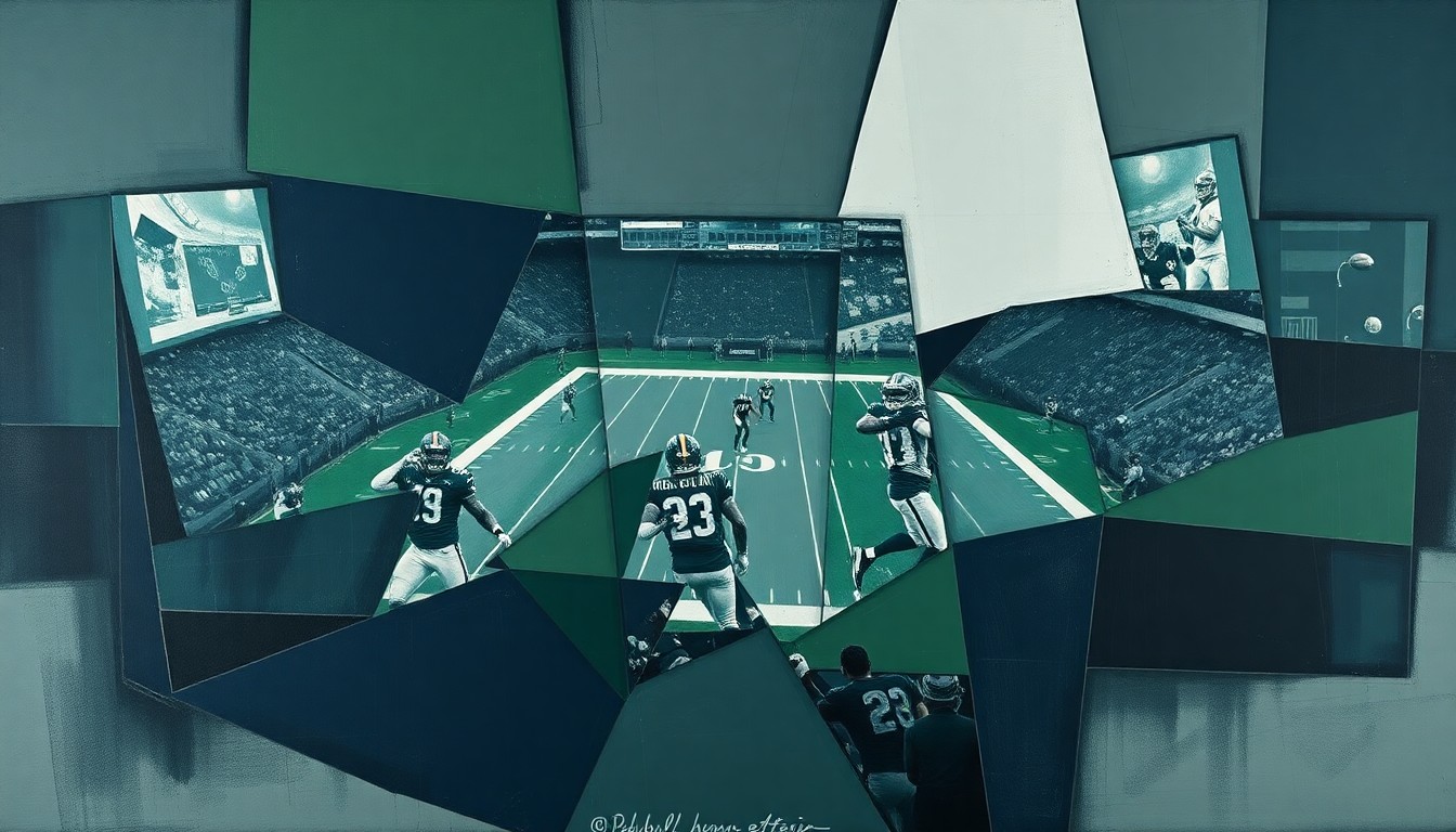 A cubist, geometric painting depicting fragmented and overlapping shapes in muted tones of navy, green, and grey, conceptually representing the complexities of NFL roster management and the draft process.