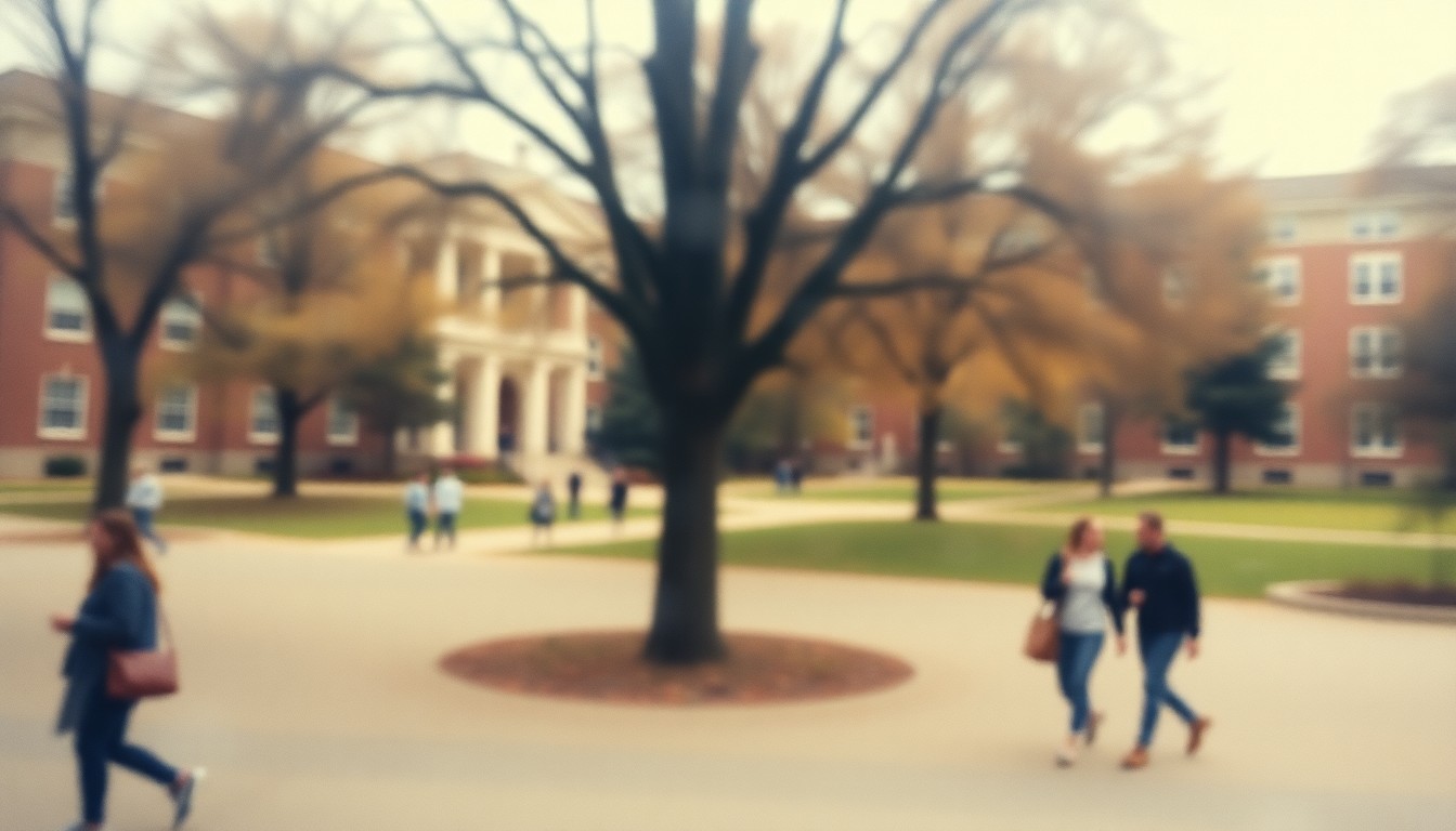 An extremely abstract, out-of-focus photograph in warm tones depicting the blurred silhouettes of students walking through a tree-lined university campus, conceptually representing the transition of leadership at the University of Wyoming.