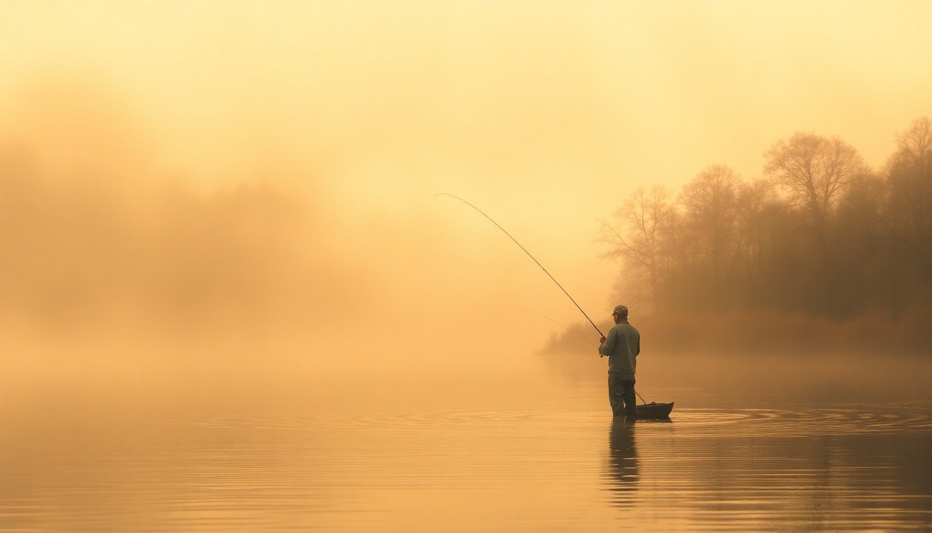 A blurred, impressionistic photograph showing the silhouette of a fisherman casting a line into a calm lake, surrounded by lush greenery and a warm, hazy atmosphere.