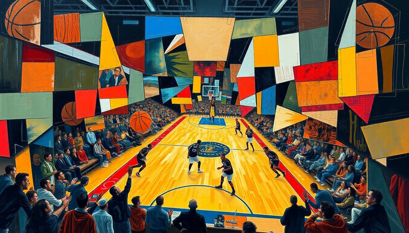 A cubist, geometric illustration depicting the dynamic movements and energy of a high-level basketball game, with players and the court fragmented into sharp, overlapping shapes and planes.