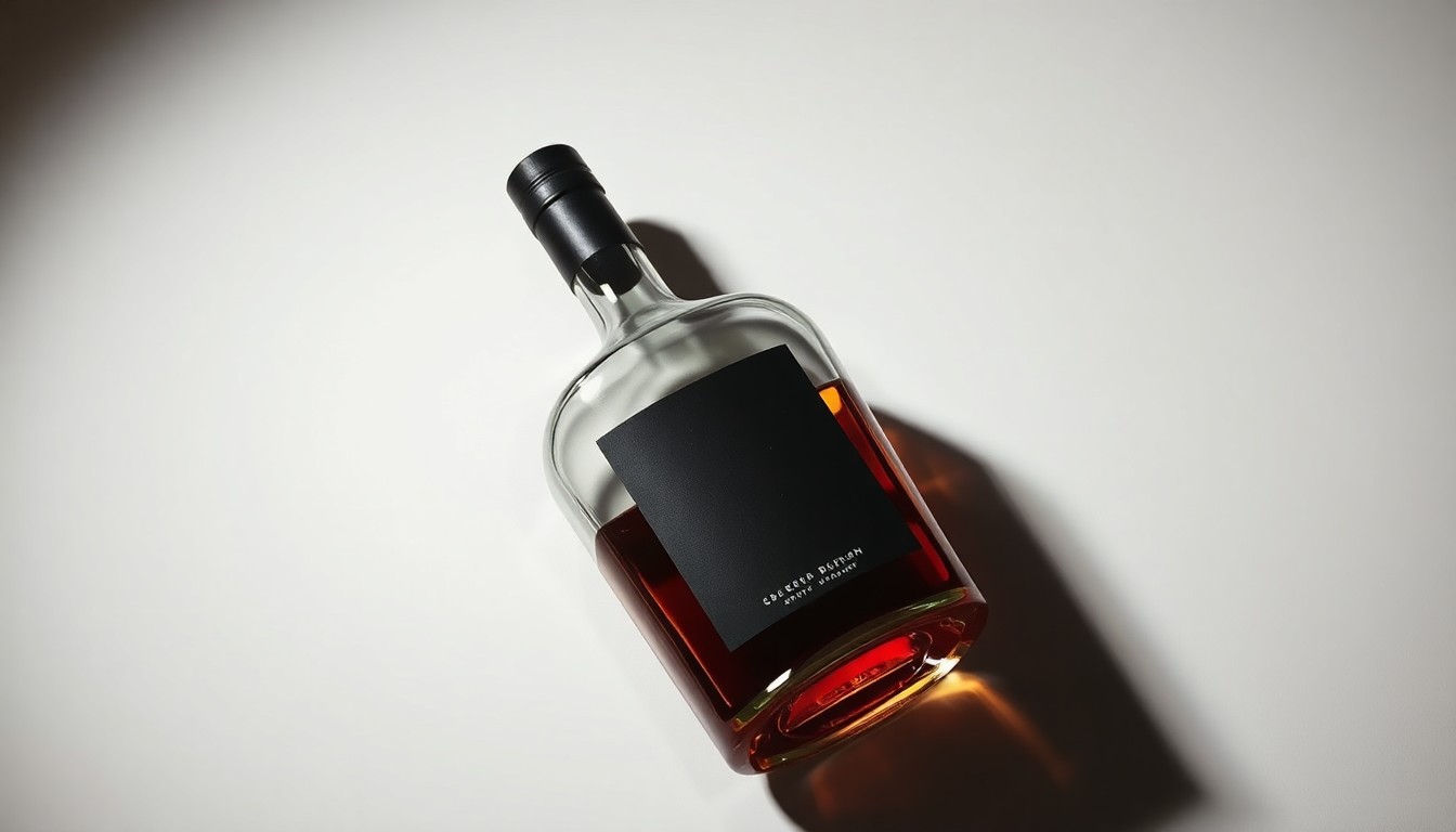 A photorealistic studio still life of a polished glass bourbon bottle with a simple black label, resting on a clean white background and illuminated by dramatic studio lighting to symbolize the legal complexities and competitive tensions in the craft bourbon industry.