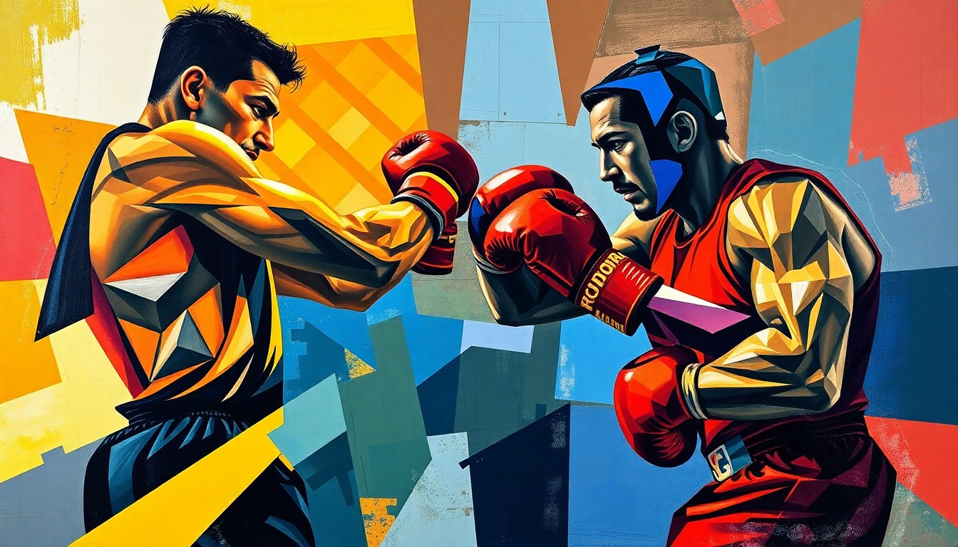 A cubist, geometric painting depicting a boxing match or training session, with sharp, overlapping planes of color representing the dynamic movements and energy of the sport.
