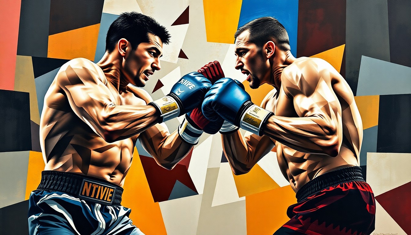 A fractured, geometric painting depicting the explosive movements and physical intensity of a bare-knuckle boxing match, with the fighters' forms broken down into sharp, overlapping planes of color.