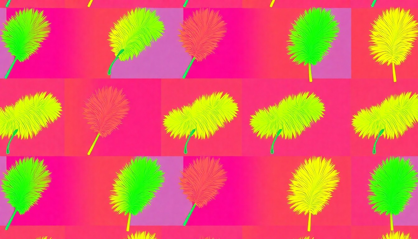 A brightly colored, high-contrast silkscreen print of a single, iconic duster object repeated in a tight grid pattern, utilizing flat, vibrant, and unnatural neon color palettes overlapping with heavy black photographic outlines to turn an everyday cleaning tool into modern pop art.
