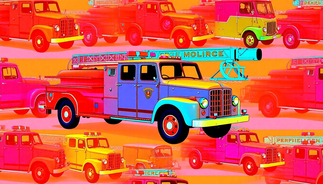 A vibrant, abstract silkscreen illustration featuring a vintage fire truck repeated in a grid pattern, using bold, neon-inspired colors and heavy black outlines to capture the celebratory energy of the 'Eggs & Engines' community event.